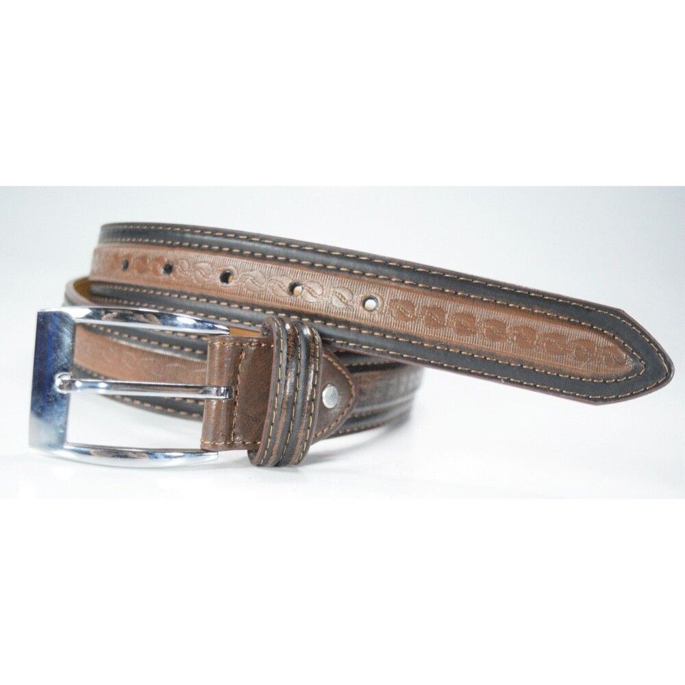 Gold Coast Brown Tooled Stitch Accent 2 Tone Belt Silver Buckle